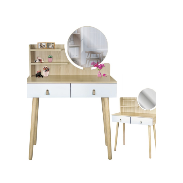 Туалетний столик на 2 ящики (шкіряні ручки) з дзеркалом світлий бук Jumi SCANDI