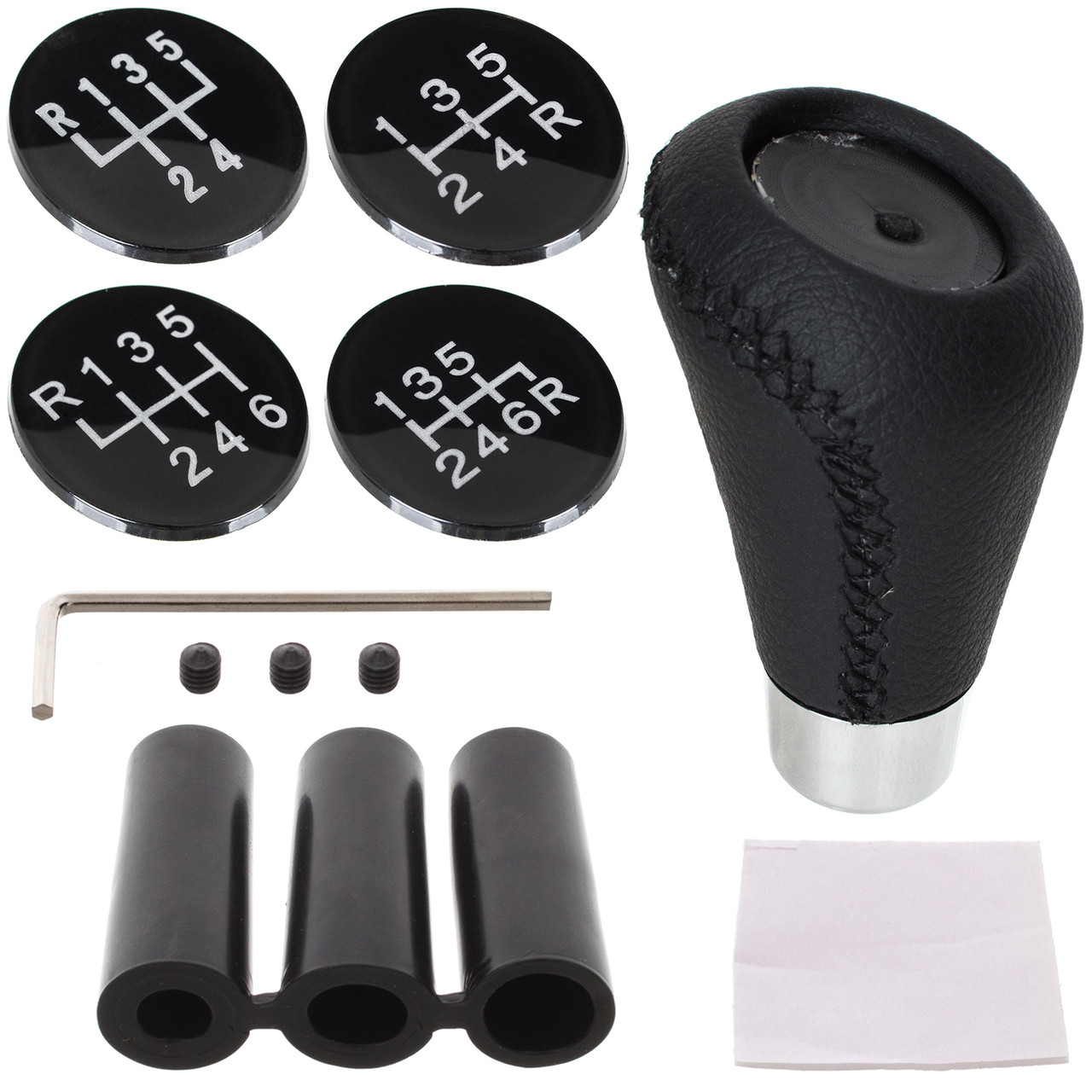 Ручка перемикання передач КПП універсальна чорна ЕКОШКІРА + ХРОМ + набір емблем на 5 і 6 передач, фото 1