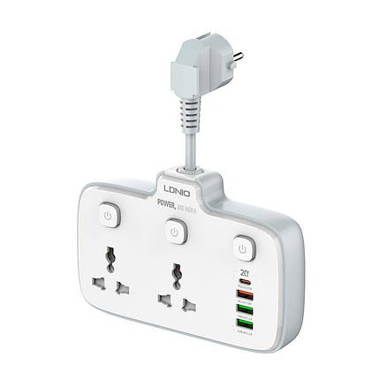 Мережевий фільтр розгалужувач 2 розетки + 3USB + Type-C QC Ldnio SC2413 White N, фото 1