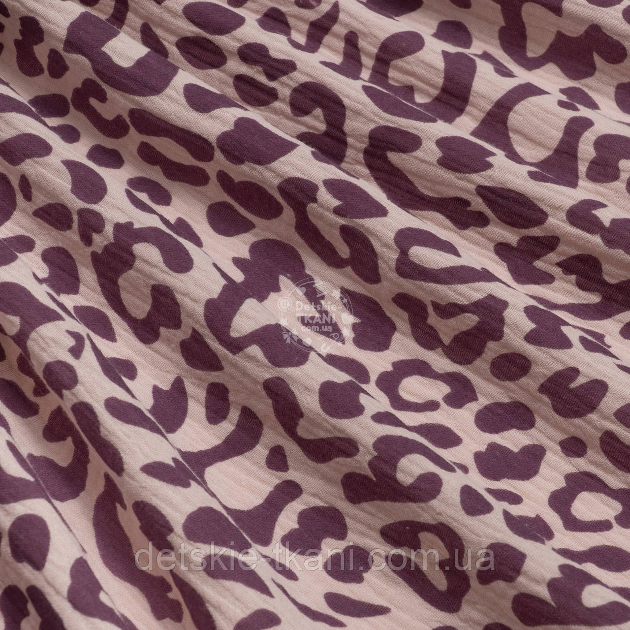 Двошаровий жатий муслін "Леопард" фіолетовий на пудрі, ширина 135 см