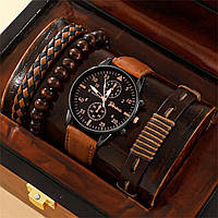 Шикарный мужской набор часы и браслеты 3шт комплект неатуральная кожа