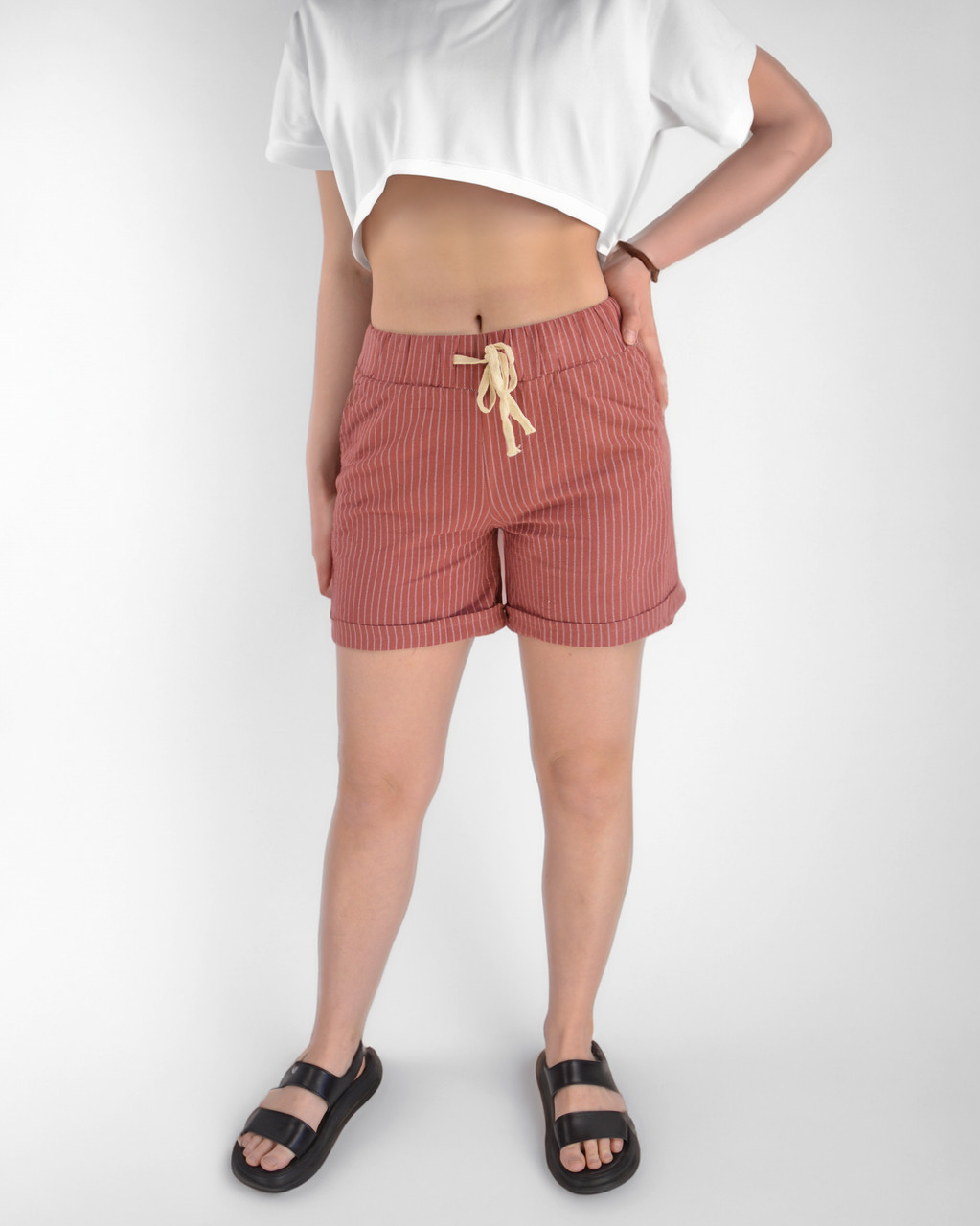 Шорти жіночі бавовняні з підворотом Шорти літні в вертикальну смужку на гумці XL-5XL Пудровий колір