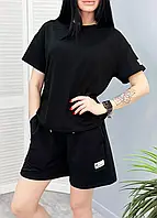 Женский прогулочный комплект с шортами на широкой резинке в черном цвете
