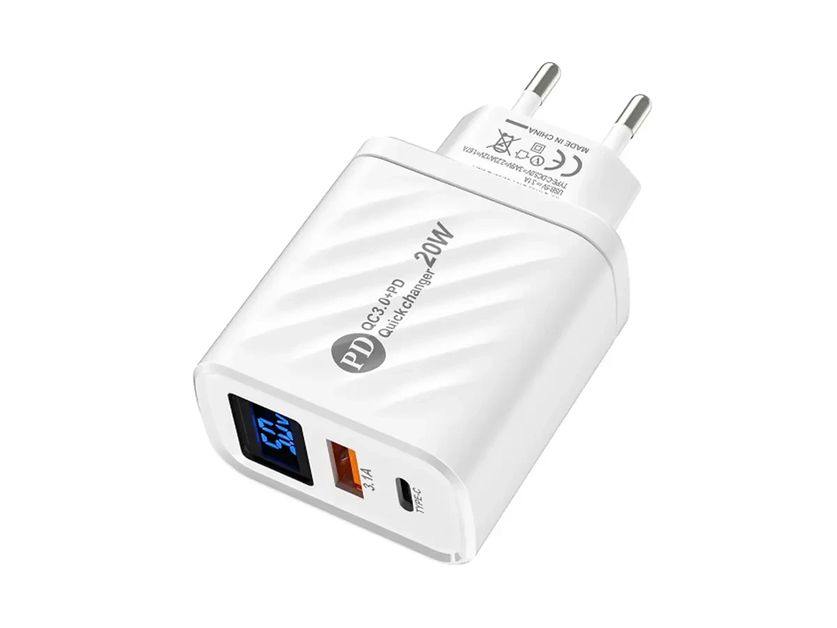 Зарядний пристрій 220В 3,1А 20Вт QC3.0 USBx1 Type-Cx1 LCD Quick Charger AR-893 500шт 7132