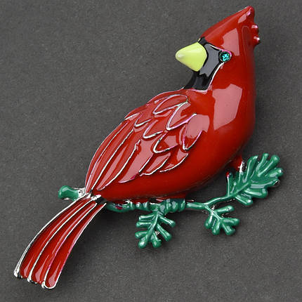 Брошка металева на сріблястій основі червона пташка на гілочці покрита кольоровою емаллю розмір 55х40 мм, фото 2