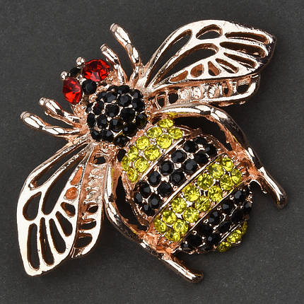 Брошка металева на золотистій основі воса з різнокольоровими кришталевими камінчиками розмір 35х50 мм, фото 1