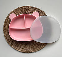 Детская силиконовая посуда для первого прикорма секционная тарелка с крышкой Мишка розовый