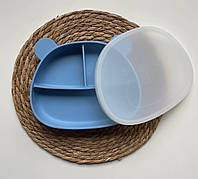 Детская силиконовая посуда для первого прикорма секционная тарелка с крышкой Мишка синий