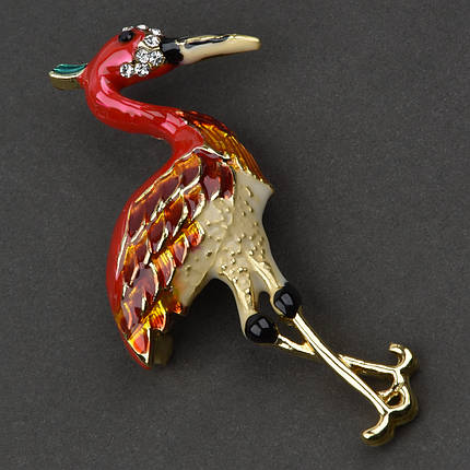 Брошка металева на золотистій основі аист із білими сапфірами покрита емаллю розмір 60х35 мм, фото 1