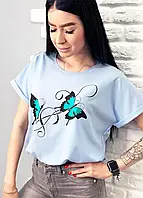 Блуза - футболка женская с бабочками на лето свободная норма и батал "Arial" 46/48