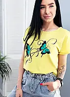 Нарядная футболка женская с бабочками летняя короткий рукав с подворотом "Arial" 46/48