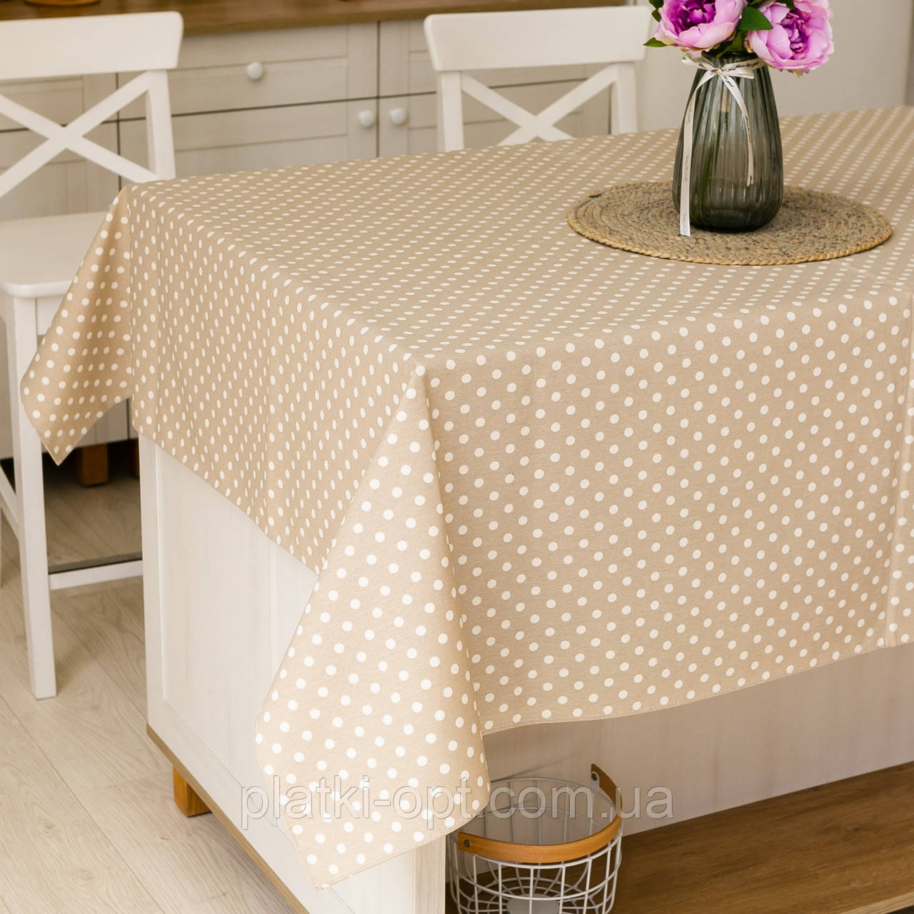 Скатертина з тефлоновим покриттям "Горошок бежевий" 2.2м х 1.8м, фото 1