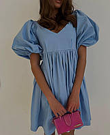 Жіноче романтичне лялькове плаття з коротким об'ємним рукавом (блакитний, оливковий)
