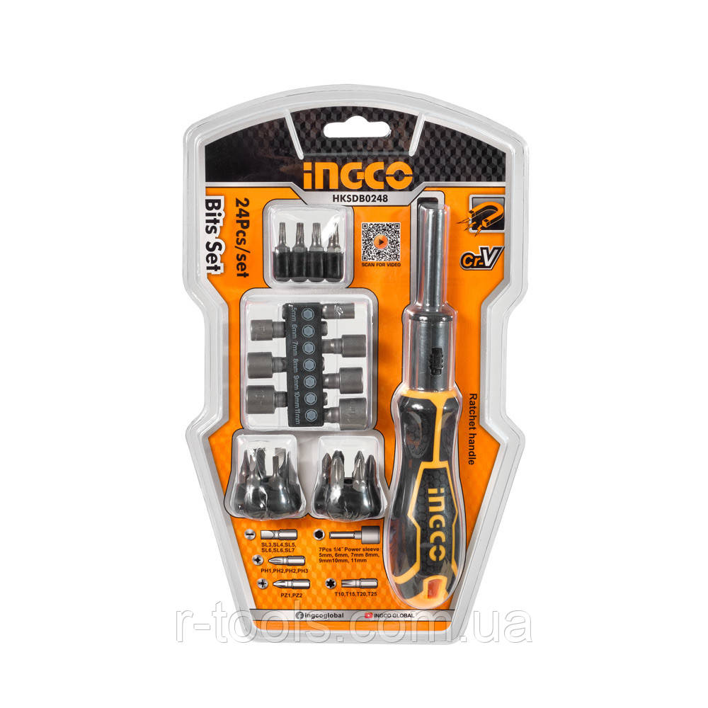 Викрутка-тріскачка з бітами та головками INGCO HKSDB0248