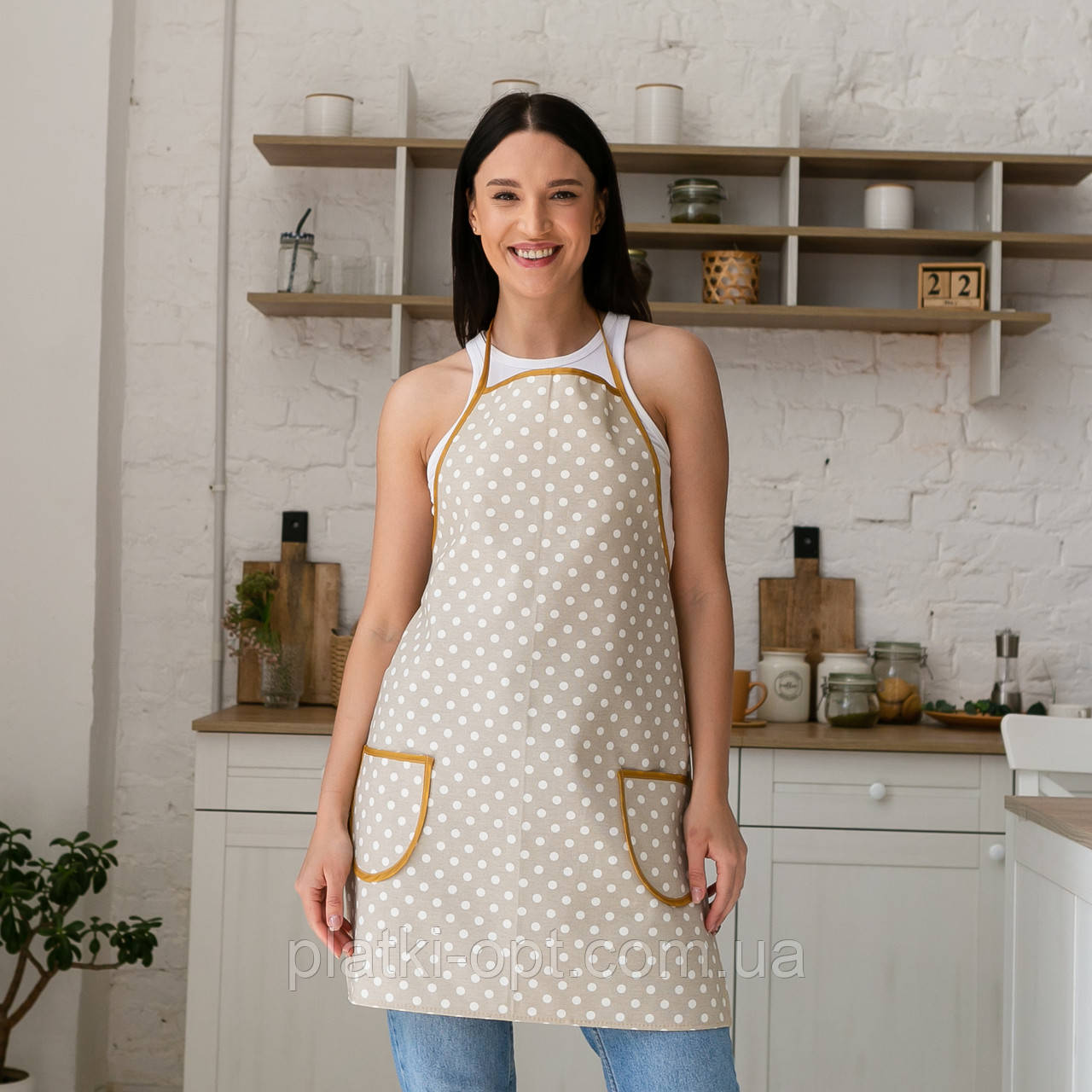 Фартух водовідштовхувальний "Горошок бежевий" (75х55 см.), фото 1