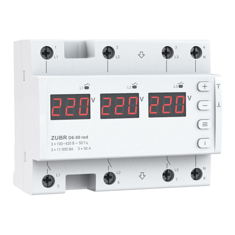 Дворежимне реле напруги однофазне/трифазне D6-50 на DIN-рейку, 3*50А, 3*11000ВА, 120-280В, шестимодульне з індикатором, фото 1