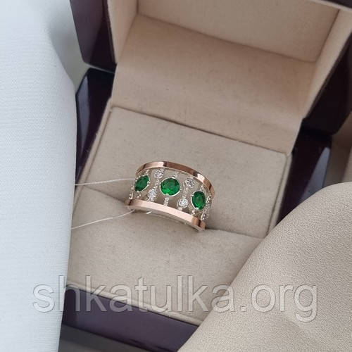 Серебряное кольцо с золотыми напайками и белыми и зелеными цирконами - фото 3 - id-p1115309751