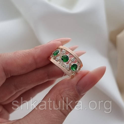 Серебряное кольцо с золотыми напайками и белыми и зелеными цирконами - фото 5 - id-p1115309751