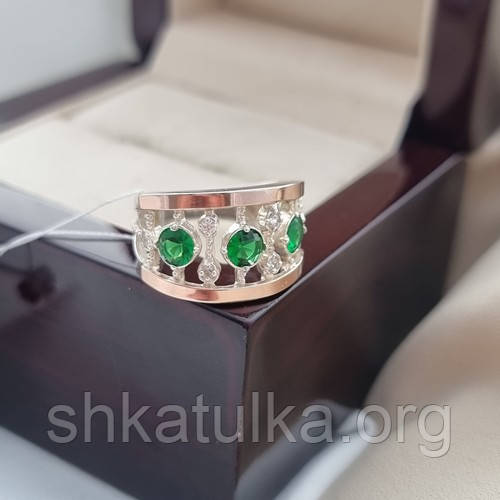 Серебряное кольцо с золотыми напайками и белыми и зелеными цирконами - фото 6 - id-p1115309751
