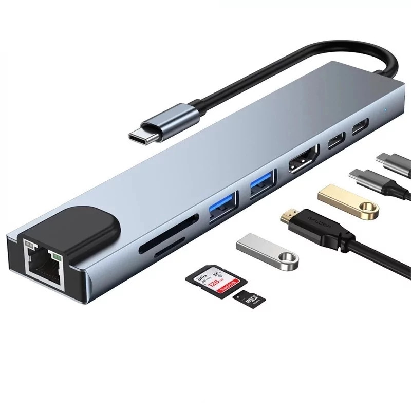 Універсальний концентратор USB для MacBook на 8-Port USB TypeC 3.0 Mini Hub SD, TF, RJ 45, фото 1