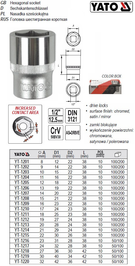 Головка 6-гранна коротка 1/2" М18х38 мм YATO YT-1211