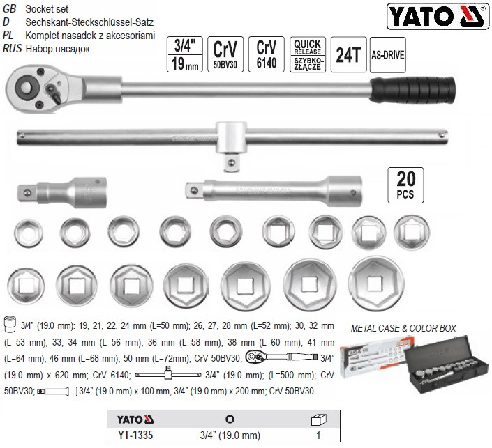 Набір головки торцеві 6-гранні 3/4" М=19-50 мм 21 шт YATO-1335