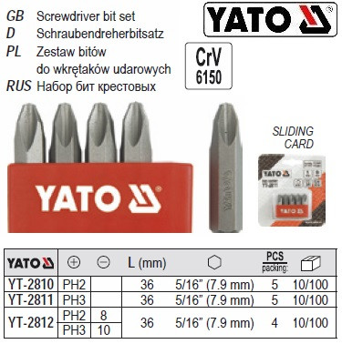 Набор насадки викруткові YATO ударні PH3 5/16" l=36 мм 5 штук YATO YT-2811
