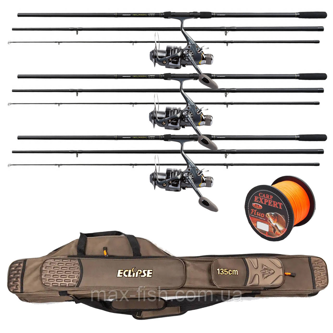 Карповий набір На 3 вудлище Flagman Black Carp 3.9м з котушками + Чохол і Лісочка