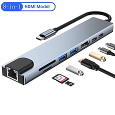 Універсальний USB перехідник на 8-Port HDMI/HDTV+PD+USB Type-C+SD+TF+RJ45, фото 2