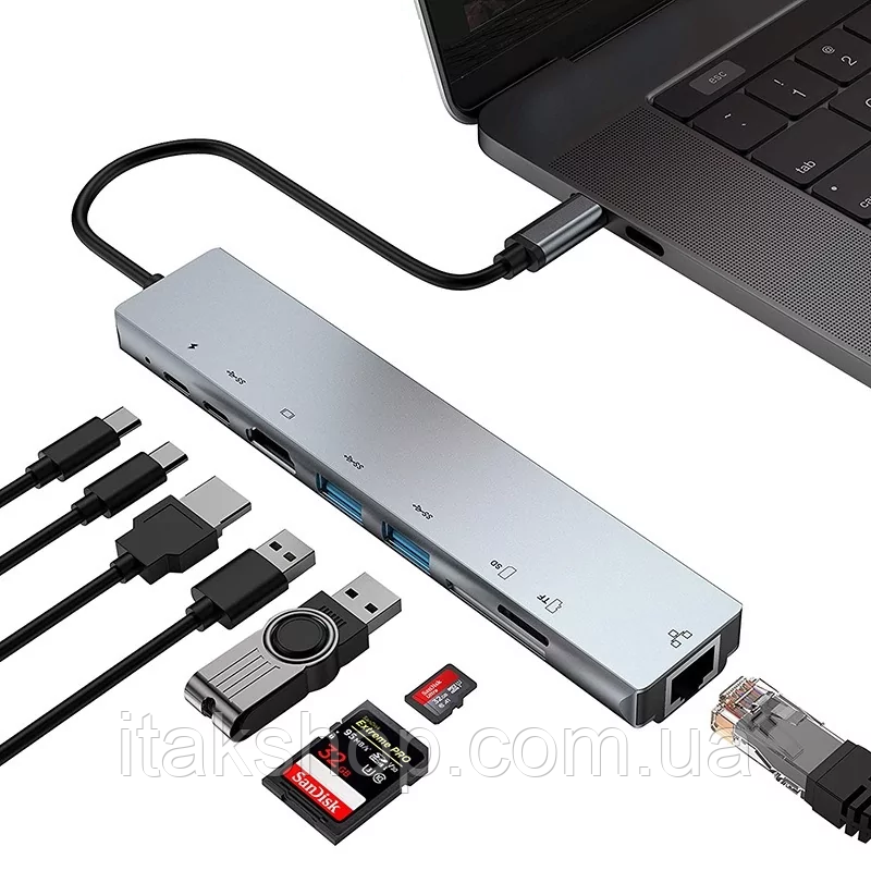 Універсальний USB перехідник на 8-Port HDMI/HDTV+PD+USB Type-C+SD+TF+RJ45, фото 1