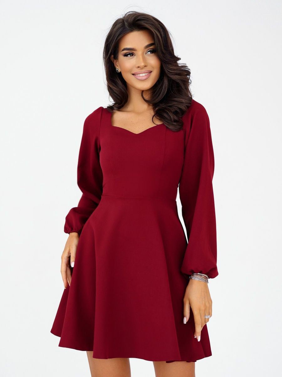 Шикарне коктейльне плаття з довги рукавом з костюмної тканини, бордове, фото 1