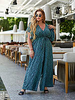 Женский летний комбинезон Крит блуза на запах и свободные брюки палаццо зелёный
