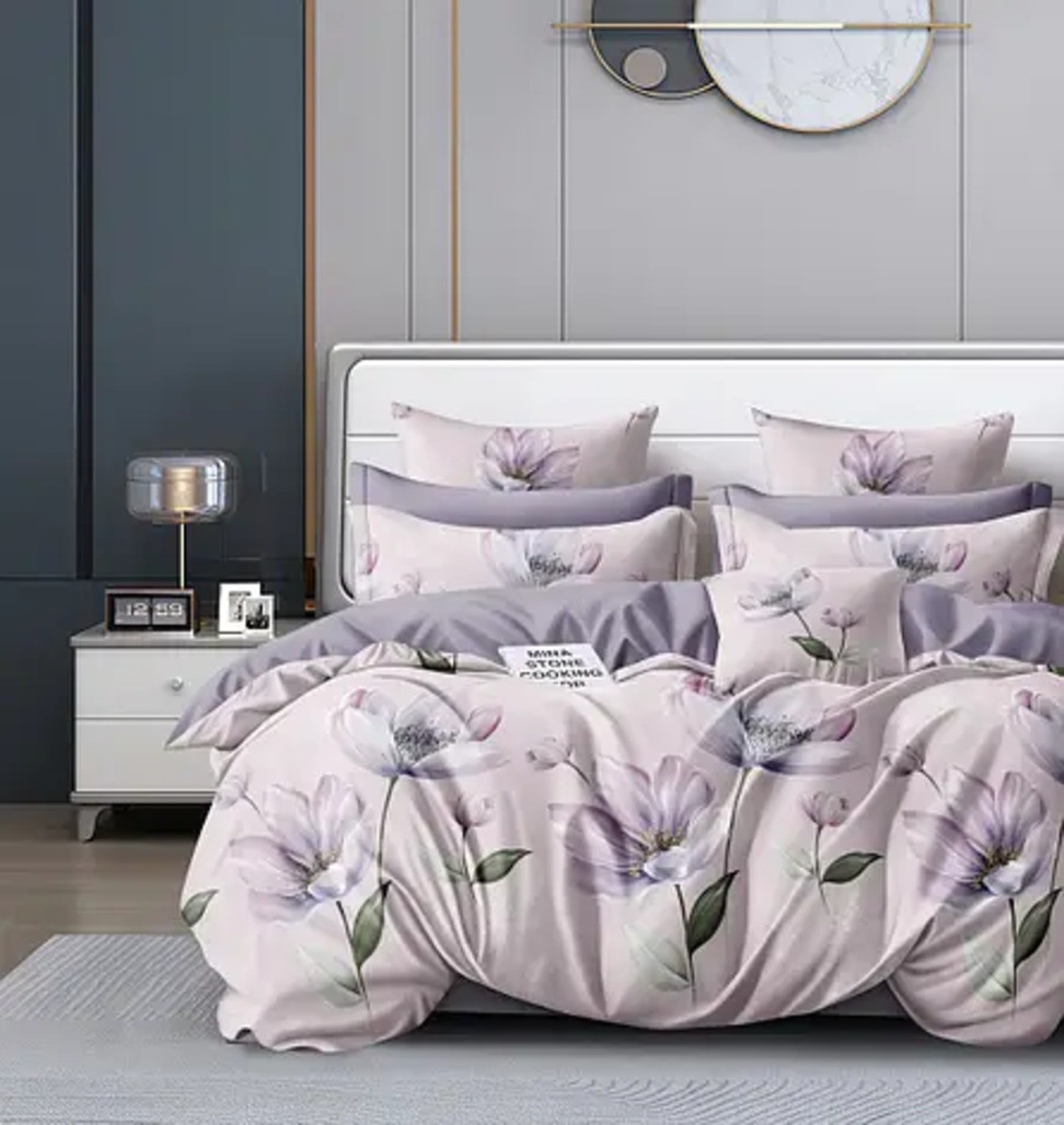 Сатинова двоспальна постільна білизна 180х220 (21007) Щільна постільна двоколірна з друкованим малюнком, фото 1