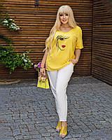 Женская трендовая стильная лёгкая базовая футболка из льна с рисунком (большие размеры: от 46/48 до 58/60) Жёлтый, 54/56