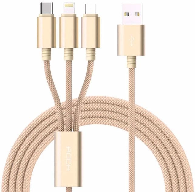 Кабель Rock 3 in 1 charging cable w/ version B/USBA TO lightning+Type C+micro/ 1,2 M Gold, фото 1