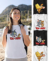 Красивая женская футболка с принтом "Том и Джерри" хлопковая, размер XS, S, M, L, XL, XXL, белая, черная