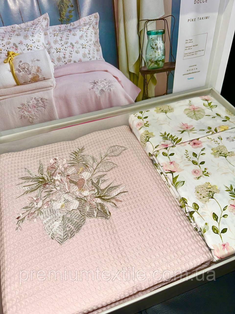 Комплект постельного белья с пике 220х240 Евро с вышивкой Pupilla Dolce Pink - фото 2 - id-p1867543732