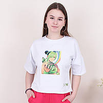 Модний спортивний костюм на дівчинку літній 4в1 - кофта, штани, спідниця-шорти та футболка з принтом JOJO, фото 2