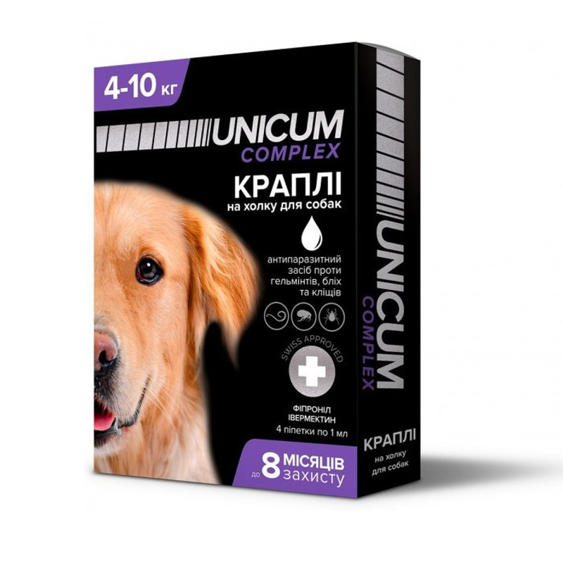 Краплі Unicum Complex Premium від гельмінтів, бліх і кліщів для собак 4-10 кг (1піп)