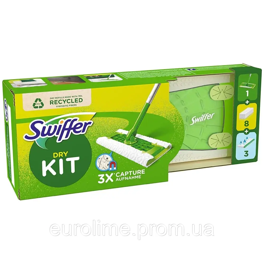 Швабра для сухого та вологого прибирання Swiffer + 8 серветок для збирання пилу + 3 серветки для вологого прибирання