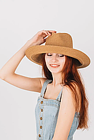 Красивая женская пляжная шляпа с широкими полями и большим атласным бантом 54-56