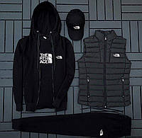 (п) ФЛИС Комплект с жилеткой The North Face (худи на змейке+штаны+футболка черная+кепка+жилетка)