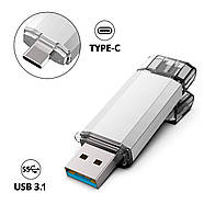 Двостороння флешка 64GB USB 3.1 + Type-C, 135/78 мБ читання/запис, срібляста, флеш пам'ять накопичувач OTG, фото 3
