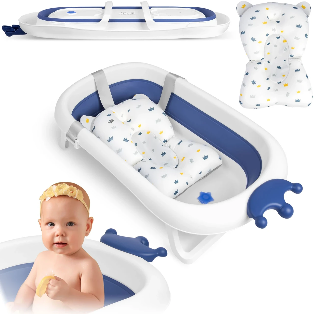 Складна дитяча ванночка з подушкою біло-синя Ricokids Польща, фото 1