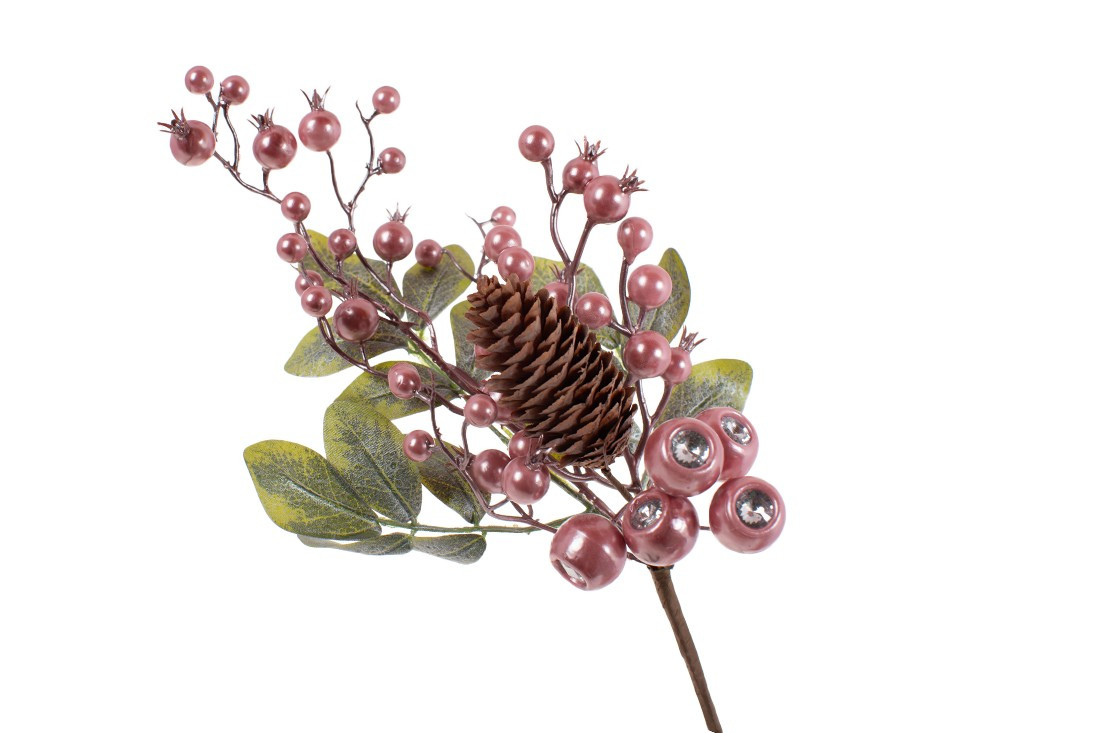 Декоративна гілка з листя та ягід з кристалом, колір: ніжно-рожевий, 36см - 12 шт УПАКОВКА ТОВАР ВІД ВИРОБНИКА