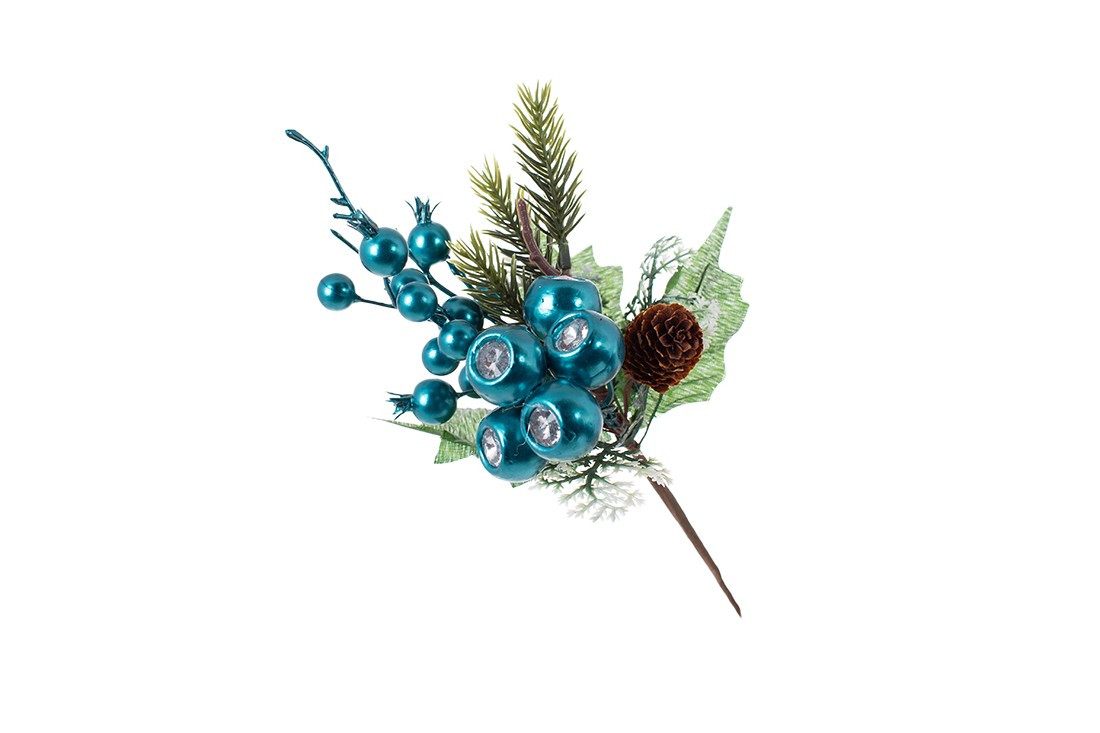 Гілка з хвої та перламутрових ягід з кристалом, колір: блакитний, 25см - 12 шт УПАКОВКА ТОВАР ВІД ВИРОБНИКА
