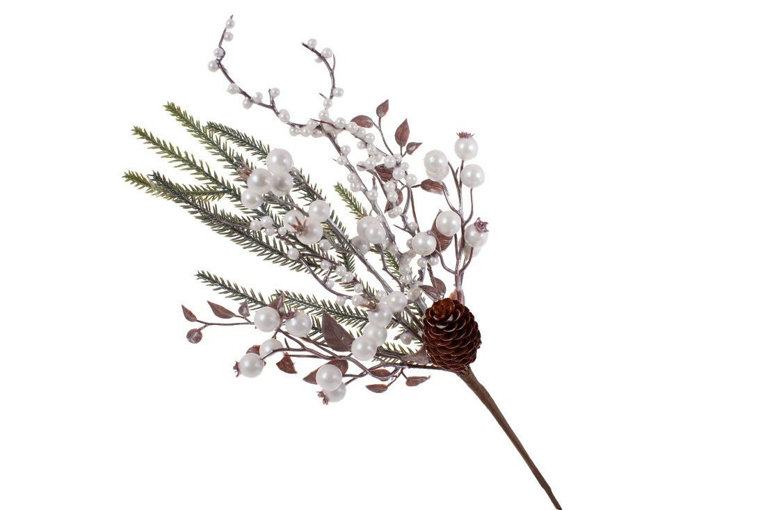 Декоративна гілка з хвої та перламутрових білих ягід, 44см - 12 шт УПАКОВКА ТОВАР ВІД ВИРОБНИКА