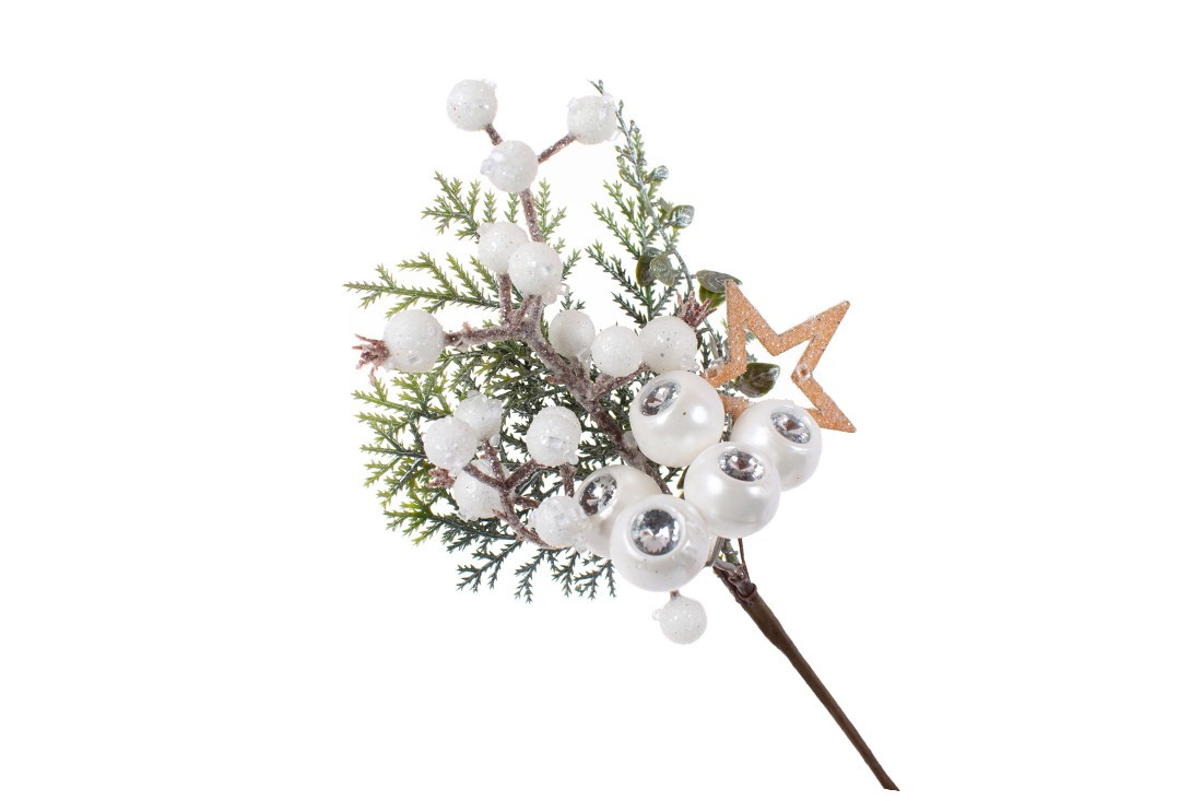 Декоративна гілка з хвої та білих ягід з кристалом, 26см - 12 шт УПАКОВКА ТОВАР ВІД ВИРОБНИКА