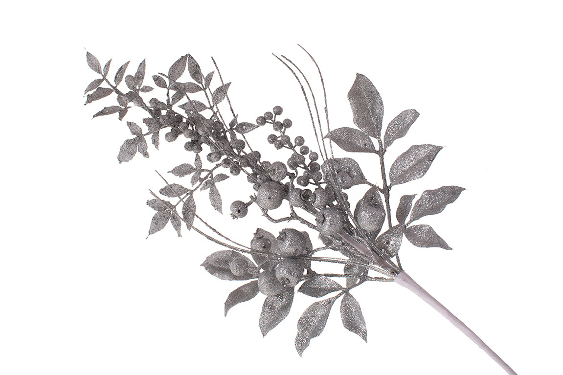 Декоративна гілка з ягодами та листям 70см, колір - срібло гліттер - 6 шт УПАКОВКА ТОВАР ВІД ВИРОБНИКА