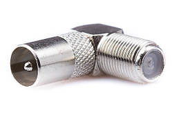 Перехідник штекер TV — гніздо F кутове, метал